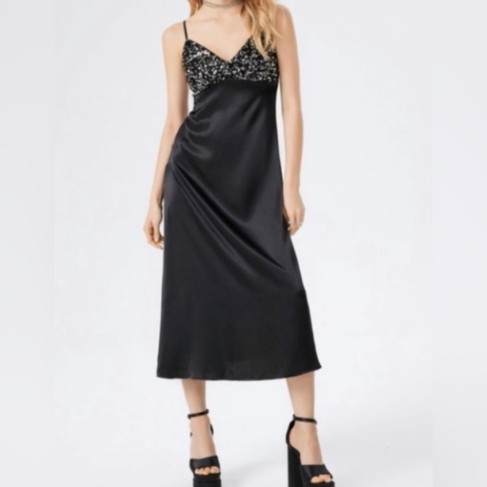 House  of Harlow 1960 Sequined Black Satin Slip Dress NEW Size Large